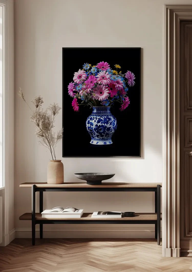 Delfter blaue Vase mit bunten Blumen auf schwarzem Hintergrund Gemälde