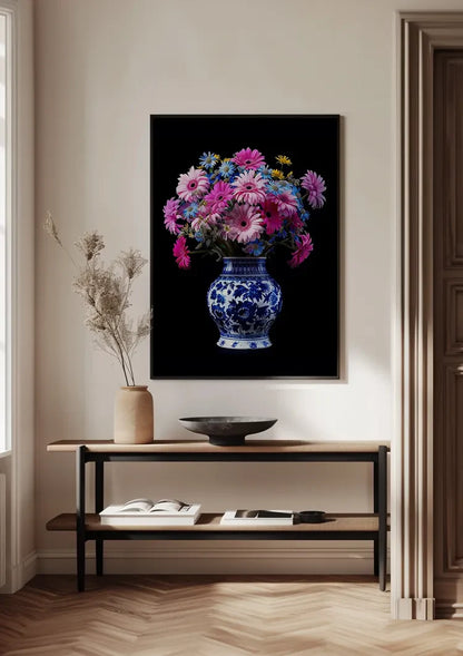 Delfter blaue Vase mit bunten Blumen auf schwarzem Hintergrund Gemälde