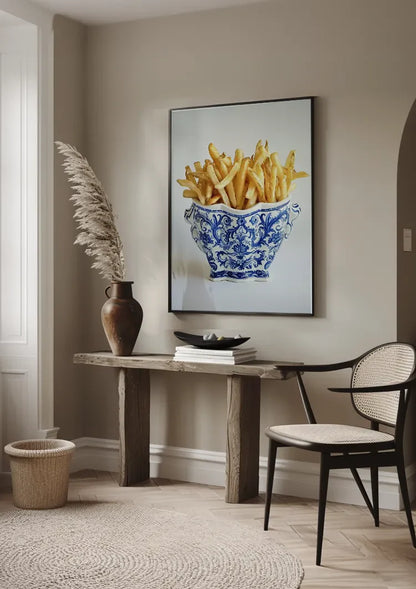 Delft Blauw Porzellanschale Pommes Frites Gold Blau Weiß Lustiges Stillleben Gemälde