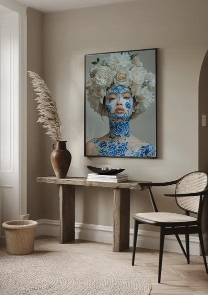 Vrouw Delfts Blauw Gezichtsschildering Witte Rozen Hoofdtooi Schilderij