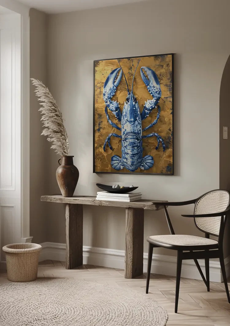 Delfter Blau Hummer Goldener Hintergrund Chinesisches Porzellan Luxus Klassisches Gemälde