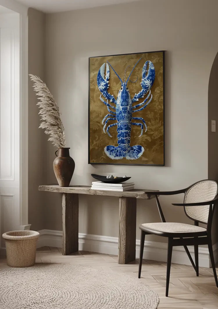 Delft Blue Lobster Gold Textured Background Painting