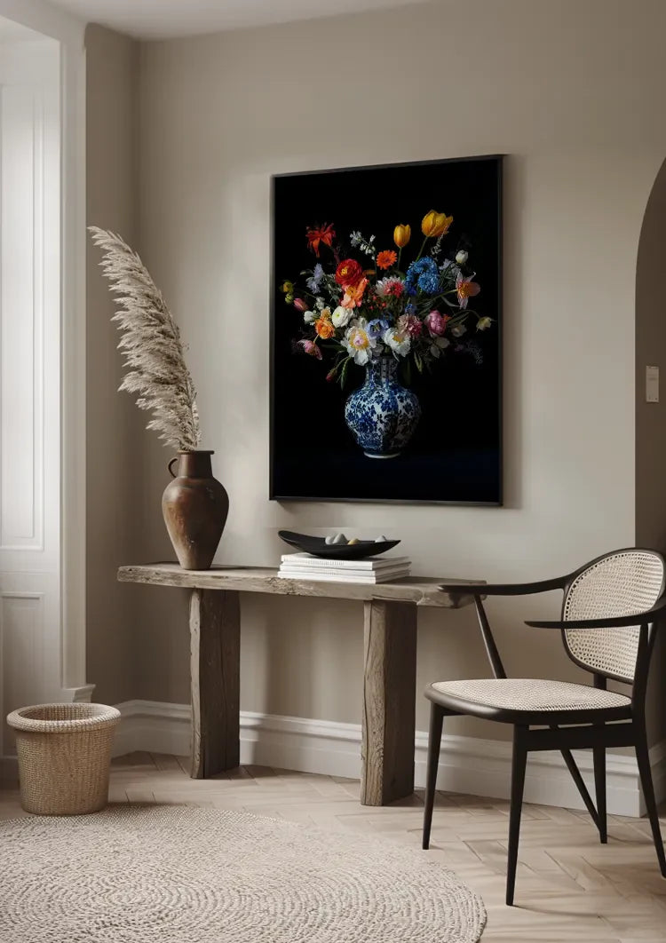 Delfts Blauwe Vaas Kleurrijke Bloemen Tulpen Pioenrozen Donkere Achtergrond Schilderij