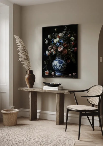 Delfts Blauw Vaas Roze Witte Rozen Bloemenboeket Stilleven Schilderij