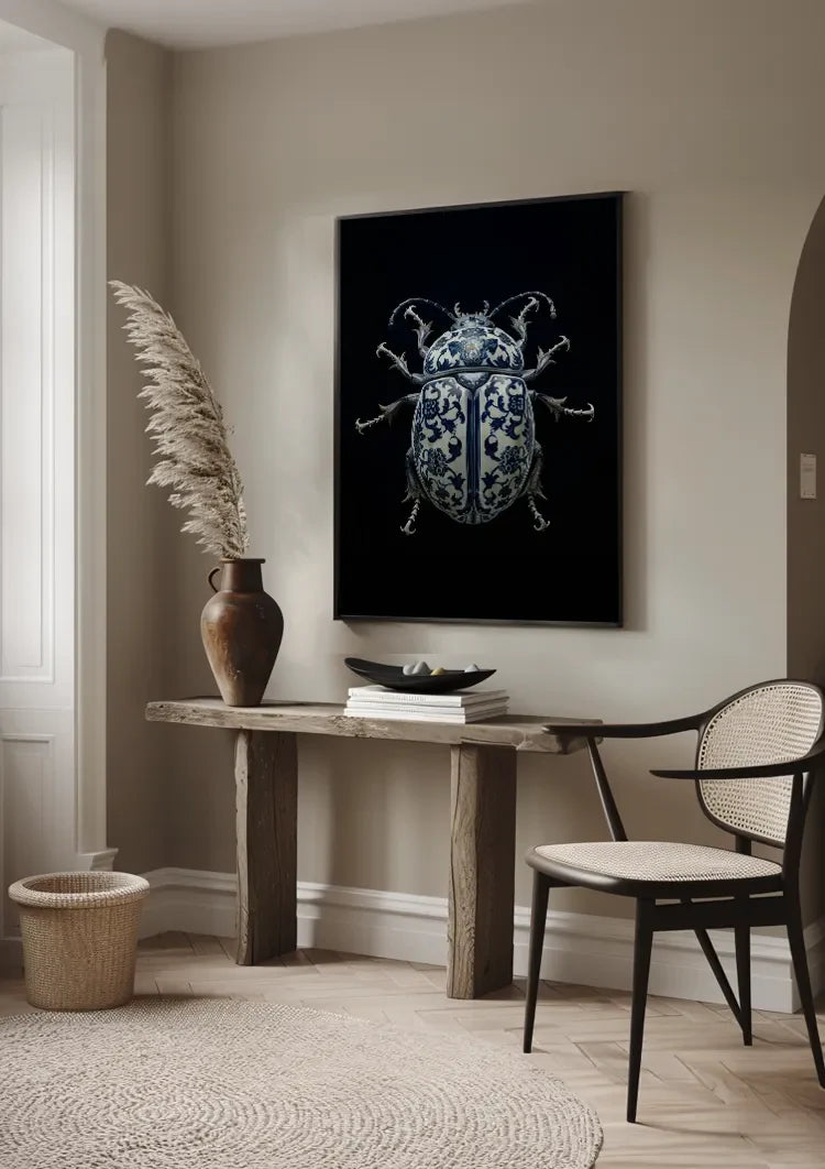 Delft Blue Porcelain Beetle Dark Background Painting