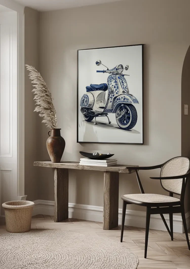 Delfts Blauwe Vintage Vespa Scooter Bloemen Decoratie Schilderij