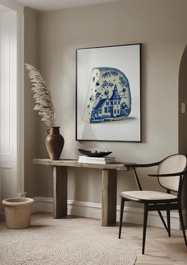 Delft Blue Cheese with Dutch House Illustration Painting
