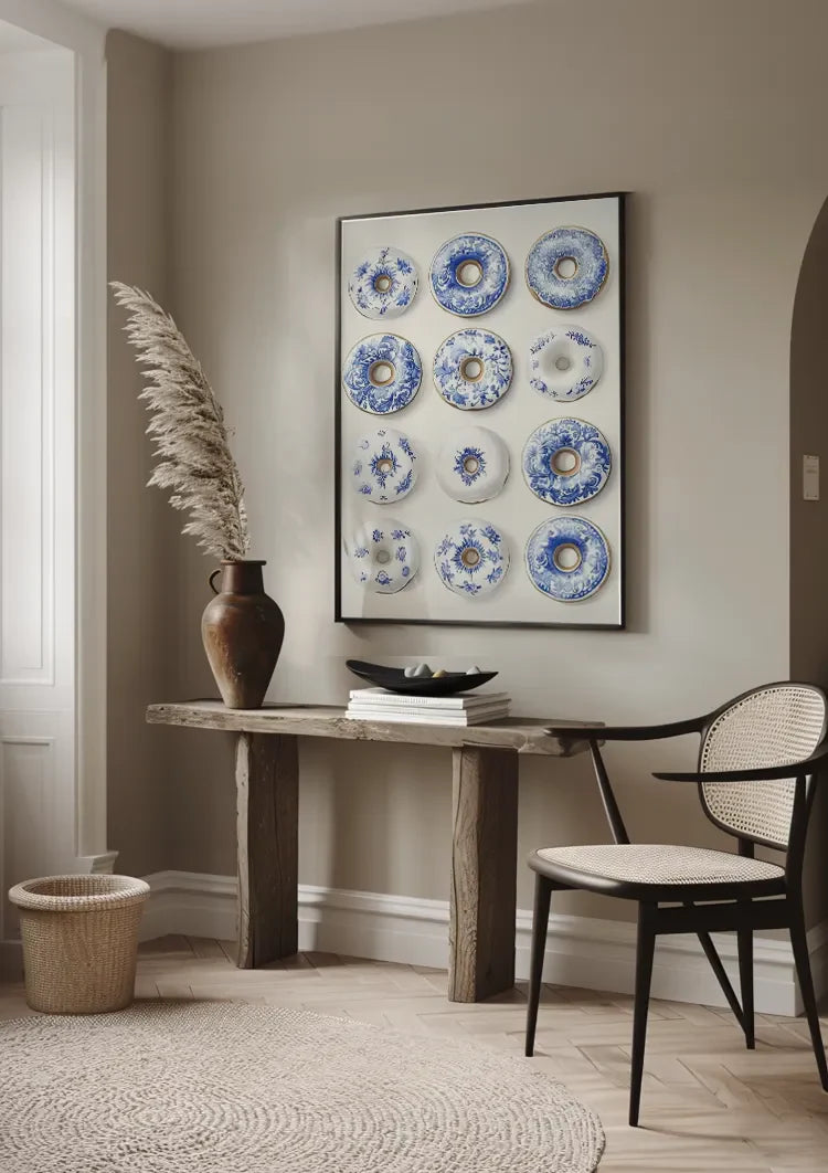 Twelve Donuts With Delft Blue Pattern Playful Ceramic Painting