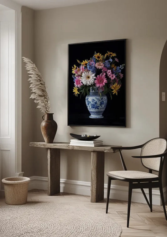 Vrolijk bloemboeket canvas schilderij aan de muur in de hal