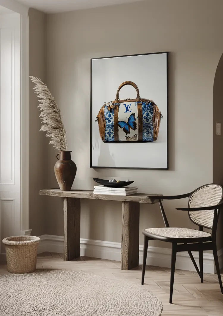 Louis Vuitton Tas Blauwe Vlinders Bloemen LV Logo Luxe Mode Schilderij