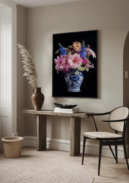 Delfts Blauw Vaas Kleurrijke Bloemen Boeket Donkere Achtergrond Schilderij