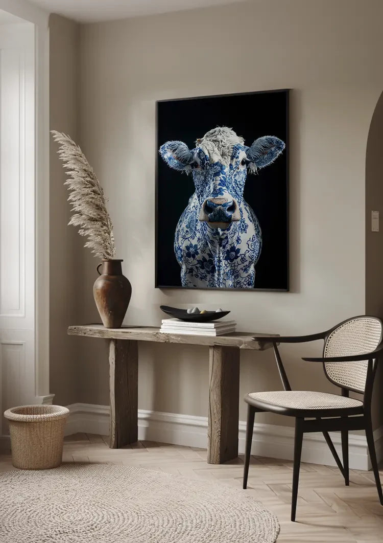 Delfts Blauwe Koe Bloemenpatroon Zwarte Achtergrond Artistiek Schilderij