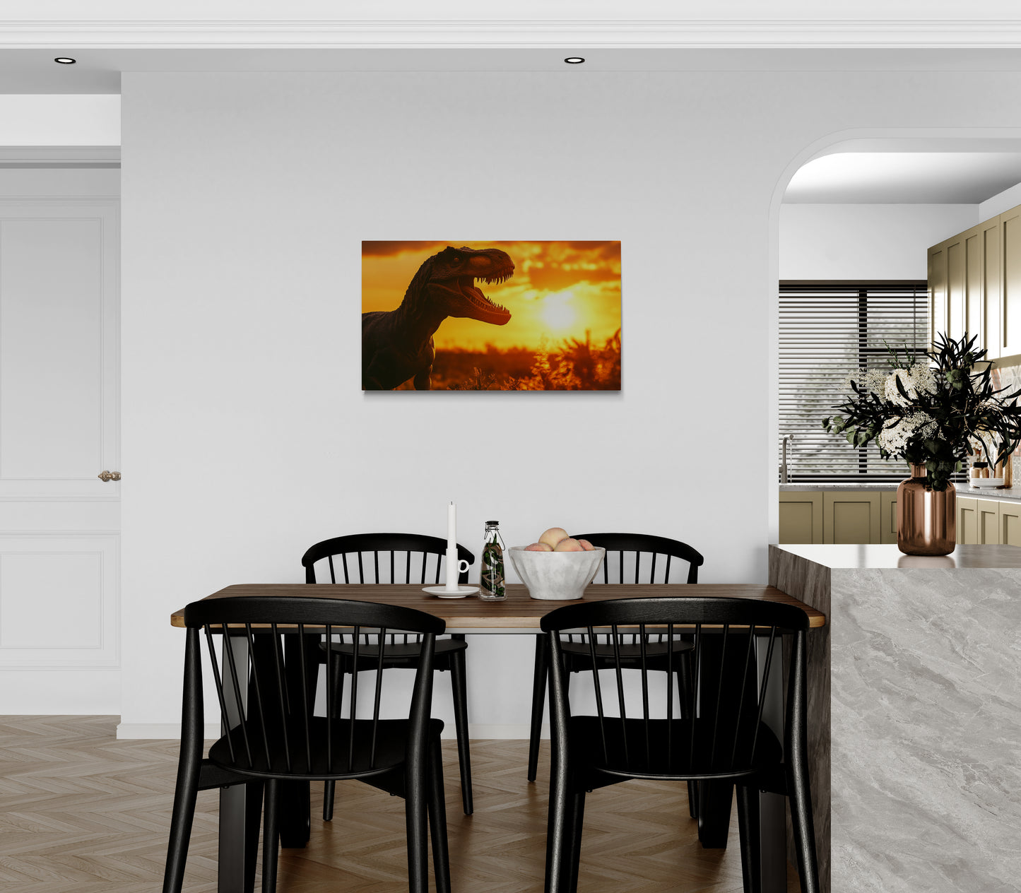 T-Rex-silhouet in zonsonderganglandschap - Canvas wandkunst