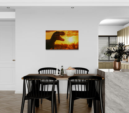 T-Rex-silhouet in zonsonderganglandschap - Canvas wandkunst