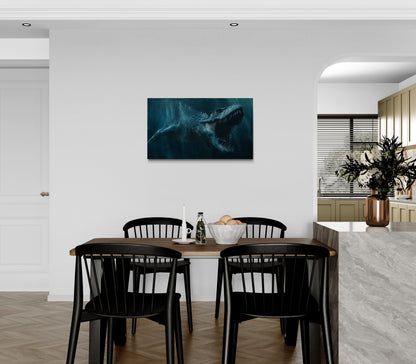 Onderwaterzeedinosaurus in de diepe oceaan met bubbels en beweging - Canvas wandkunst