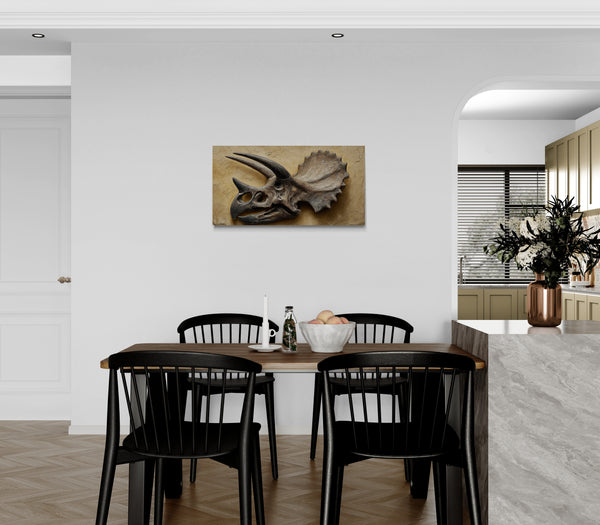 Triceratops Fossiel Schedel Canvas – Dinosaurus Wanddecoratie op Steen