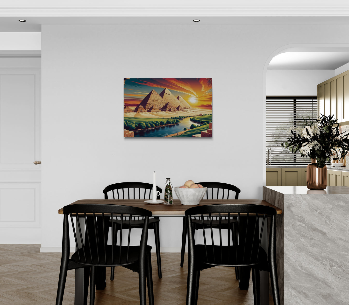 Piramidelandschap met zonsondergang en rivierzicht - Canvas wandkunst