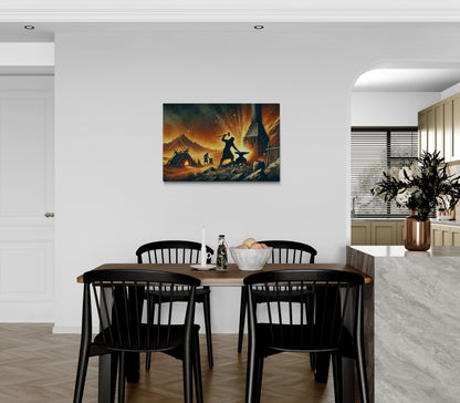 Smid aan het werk in een smidse in een rustiek nachtlandschap – Canvas wandkunst