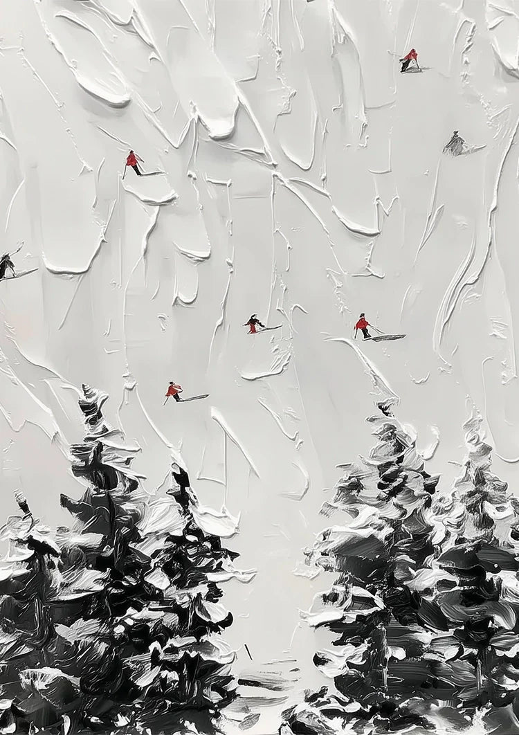 Besneeuwd Dennenbos Vogels Impasto Textuur Winterlandschap Schilderij