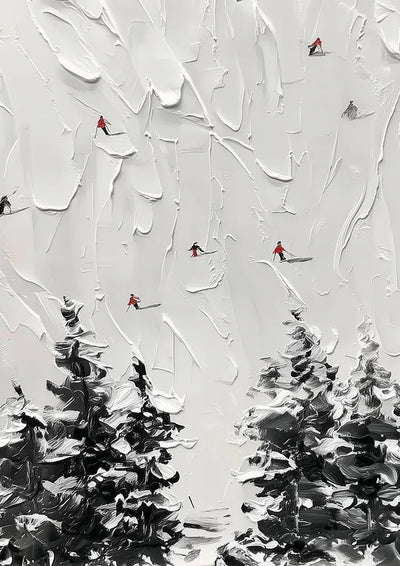 Śnieżny las sosnowy ptaki Impasto tekstura zimowy krajobraz obraz na płótnie