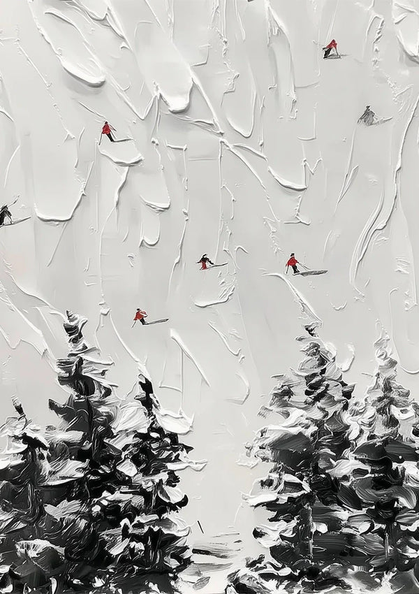 Besneeuwd Dennenbos Vogels Impasto Textuur Winterlandschap Schilderij