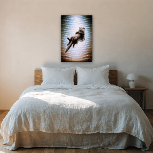 Drijvende otter canvas schilderij aan de muur boven het bed in de slaapkamer