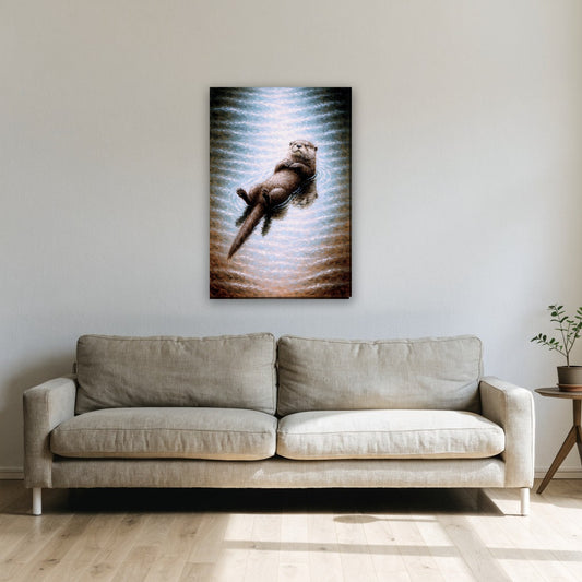 Drijvende otter canvas schilderij aan de muur boven de bank in de woonkamer