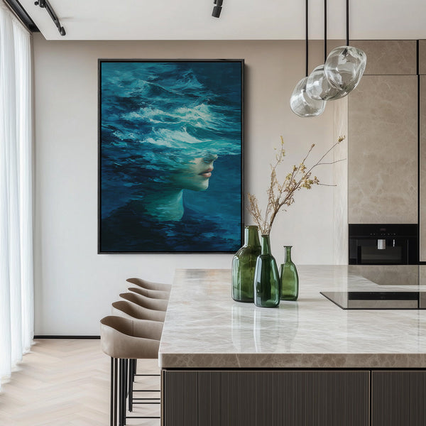 Surreal Woman Ocean Waves Turquoise Portrait Painting