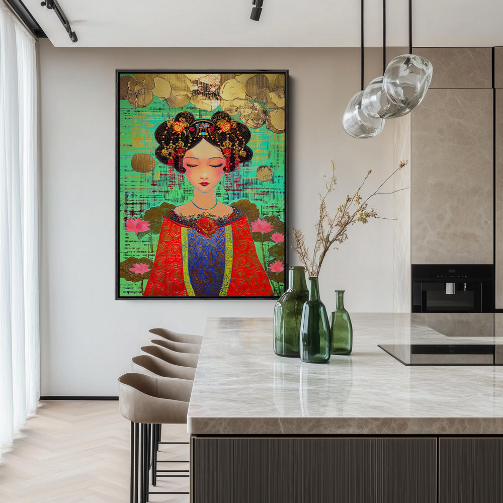 Orientalische Kaiserin Roter Mantel Lotusblumen Gold Türkis Farbiges Gemälde