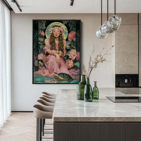Vrouw met bloemenkroon canvas schilderij aan de muur boven het bed in de slaapkamer