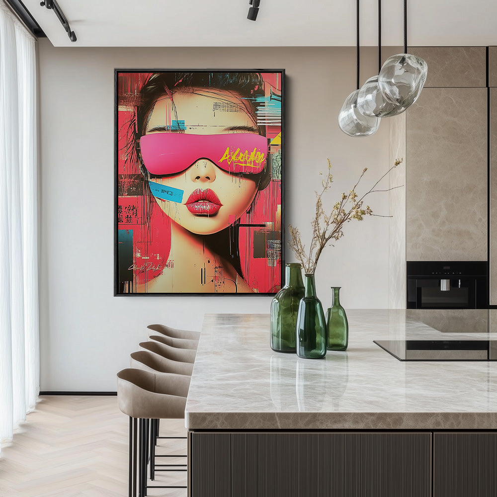 Futuristic Female Portrait Neon Pink Glasses Graffiti Street Art Stylish Painting