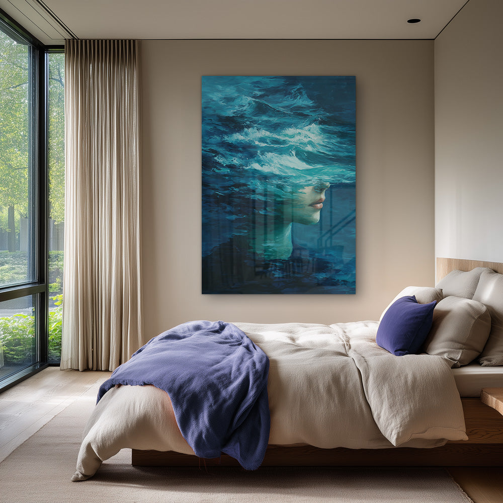 Surreal Woman Ocean Waves Turquoise Portrait Painting