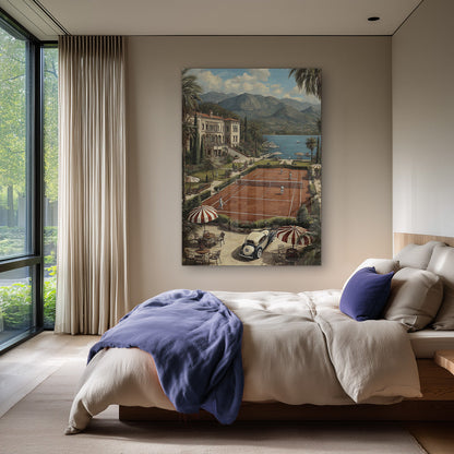 Luxusvilla Sandtennisplatz Italienischer See Berge Sommerlandschaft Gemälde