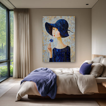 Elegante Vrouw Donkerblauwe Hoed Blauwe Bloem Jurk Portret Schilderij