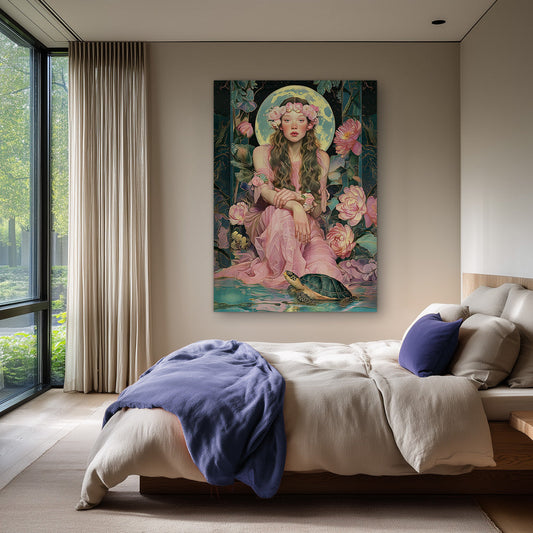 Vrouw met bloemenkroon canvas schilderij aan de muur in de hal