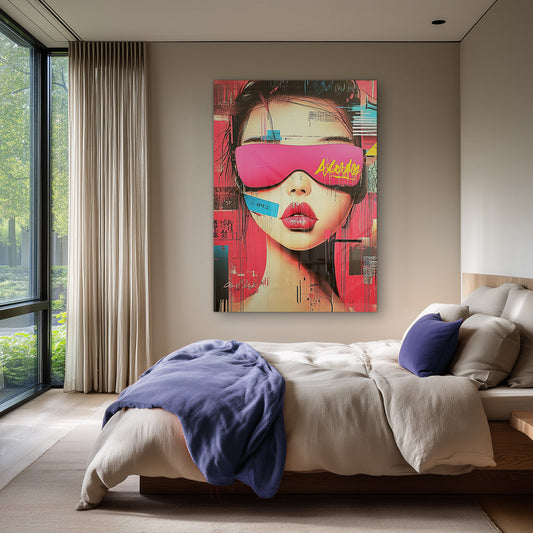 Vrouw met neon roze bril canvas schilderij aan de muur boven het bed in de slaapkamer