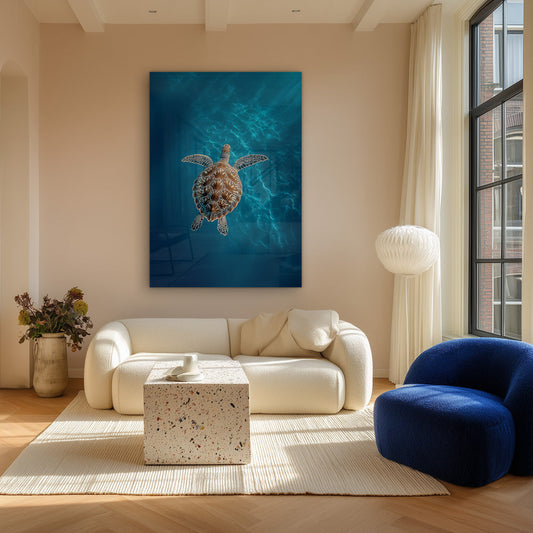Zeeschildpad Diepblauw Oceaan Lichtstralen Onderwaterwereld Canvas Schilderij