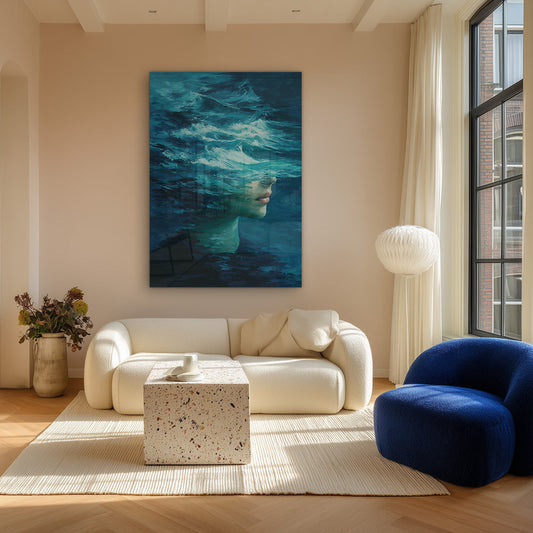 Surrealistische Vrouw Oceaangolven Turquoise Portret Canvas Schilderij