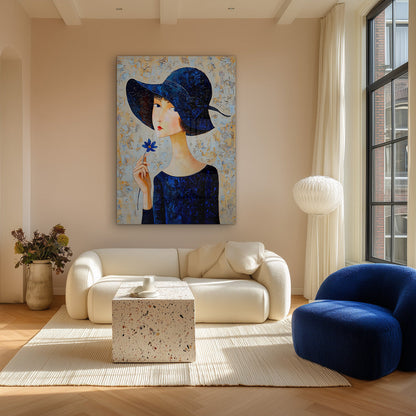 Elegante Vrouw Donkerblauwe Hoed Blauwe Bloem Jurk Portret Schilderij