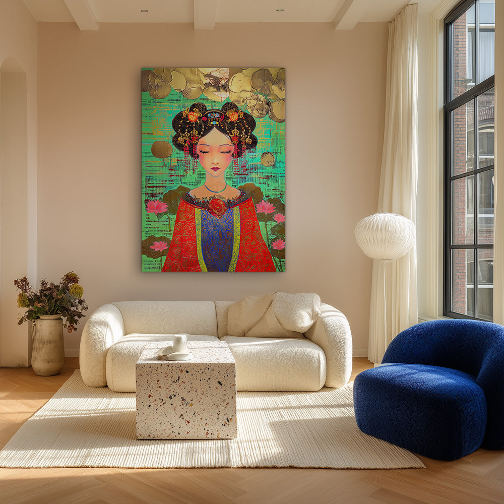 Orientalische Kaiserin Roter Mantel Lotusblumen Gold Türkis Farbiges Gemälde