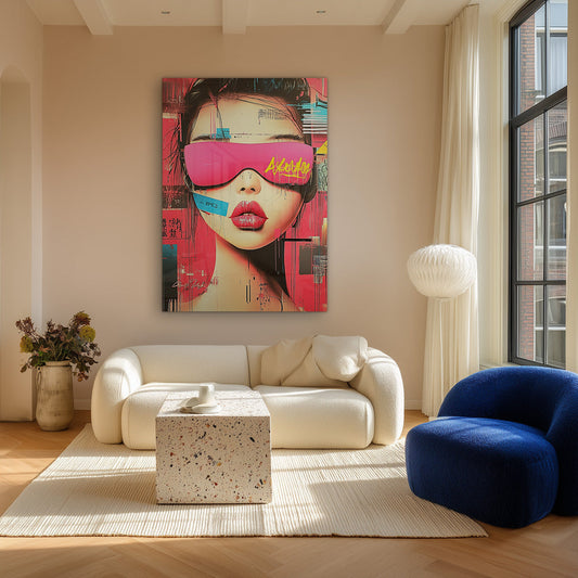Vrouw met neon roze bril canvas schilderij aan de muur in de hal