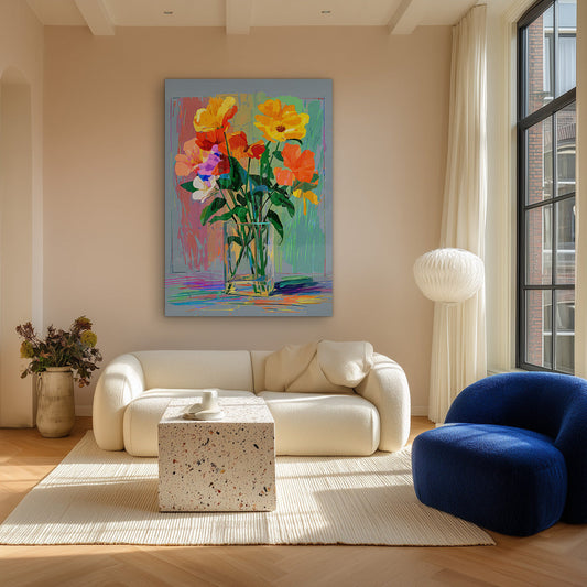 Bloemen in glazen vaas canvas schilderij aan de muur boven het bed in de slaapkamer