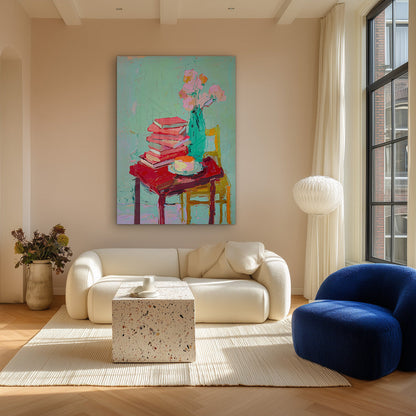 Stilleven Stapel Boeken Teal Vaas Roze Bloemen Gezellige Kleurrijke Schilderij