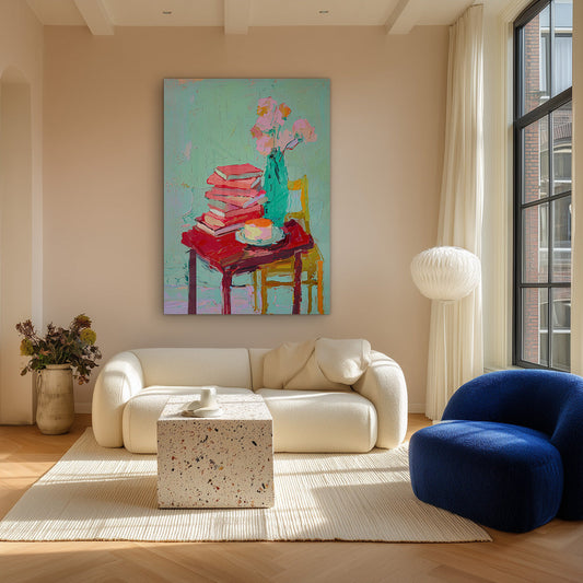 Stilleven boeken en bloemen canvas schilderij aan de muur in de hal