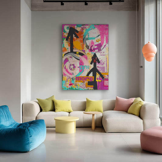 Graffiti in felle kleuren canvas schilderij boven het bed in de slaapkamer.
