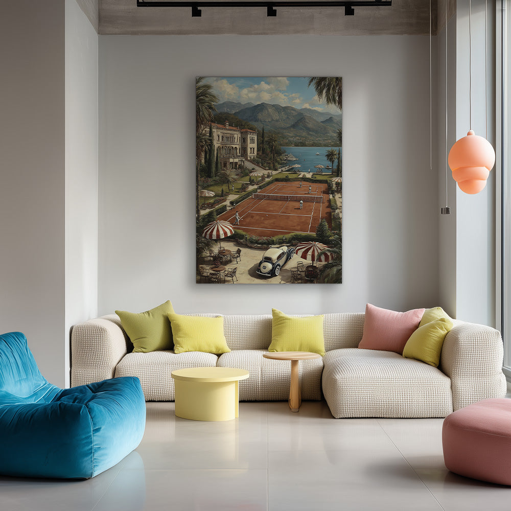 Luxusvilla Sandtennisplatz Italienischer See Berge Sommerlandschaft Gemälde