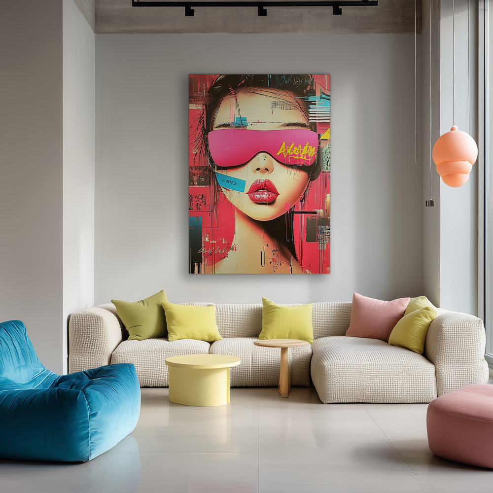 Futuristic Female Portrait Neon Pink Glasses Graffiti Street Art Stylish Painting