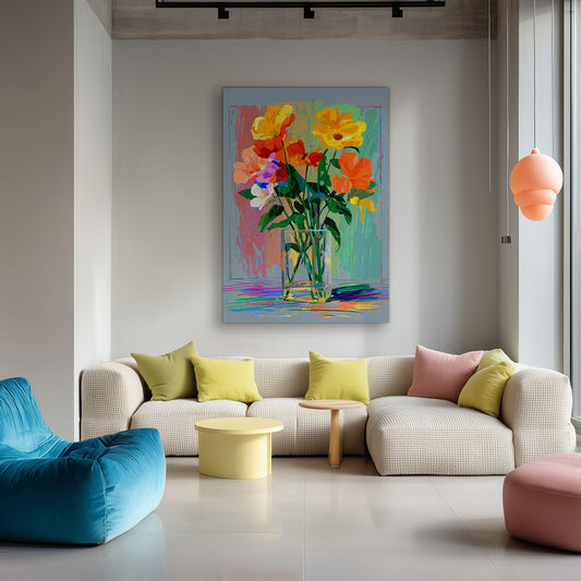 Bloemen in glazen vaas canvas schilderij aan de muur in de hal