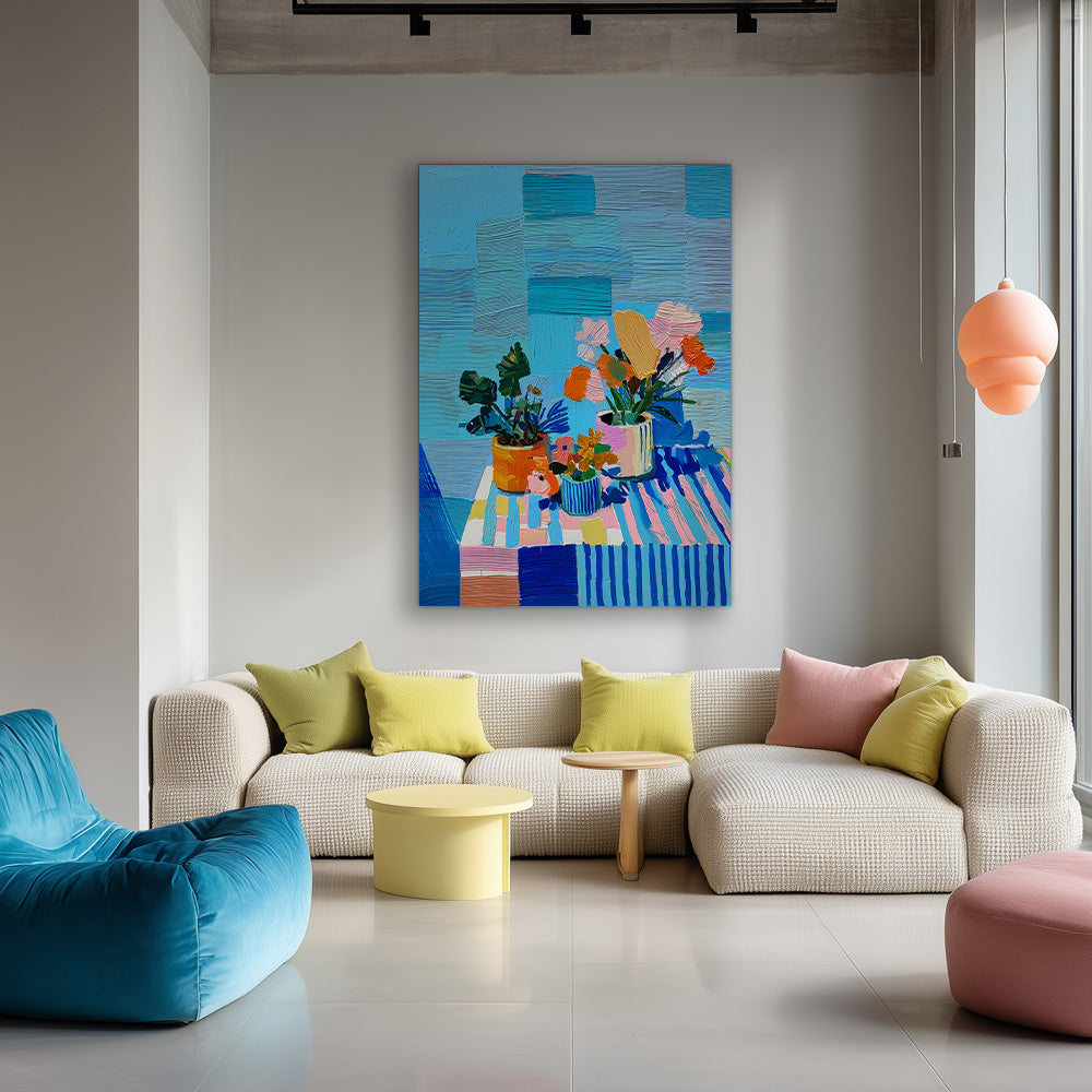 Zomerse Bloemenpracht Kleurrijke Boeketten Vazen Blauw Gestreept Tafelkleed Schilderij
