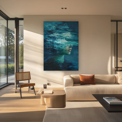 Surreal Woman Ocean Waves Turquoise Portrait Painting